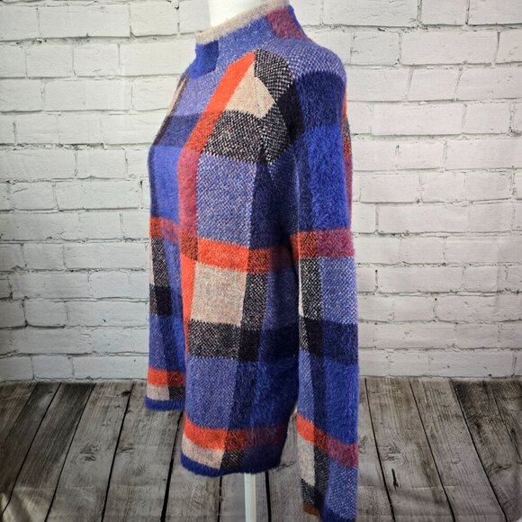 ANN TAYLOR COLOR BLOCK PLAID MOCK TURTLENECK FUZZY SWEATER WOMENS SIZE MED - Picture 6 of 7